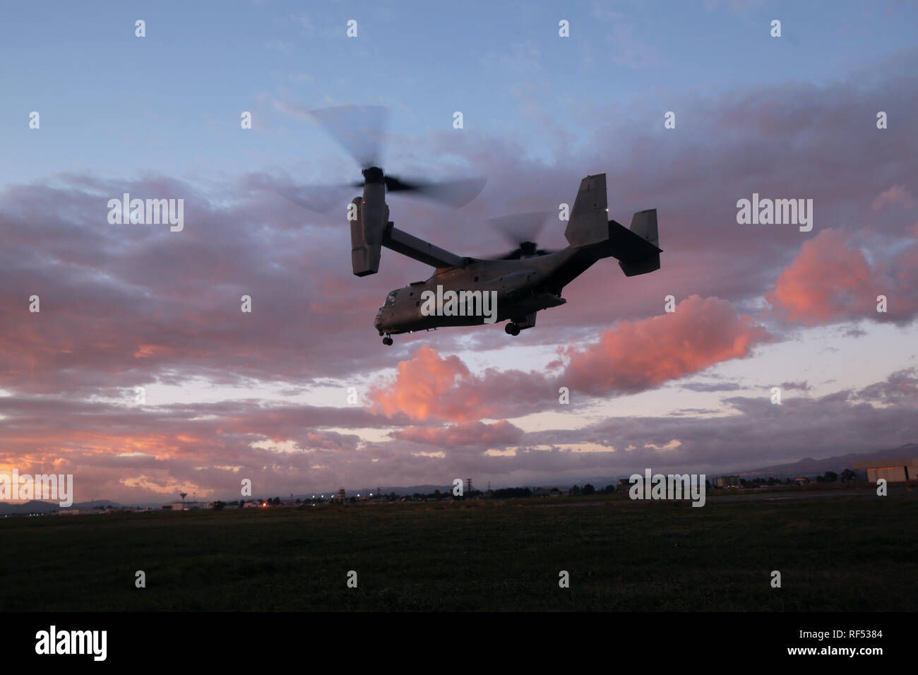 Un U.S. Marine avec des Groupe Force-Crisis Response-Africa air-sol marin 19.1 effectue des exercices d'insertion de descendre en rappel à partir d'un MV-22 Osprey sur la base aéronavale de Sigonella, en Italie, le 7 janvier 2019. SPMAGTF-CR-AF est déployée pour effectuer d'intervention en cas de crise et théâtre-opérations de sécurité en Europe et l'Afrique. (U.S. Marine Corps photo par le Cpl. Bethanie Ryan) Banque D'Images