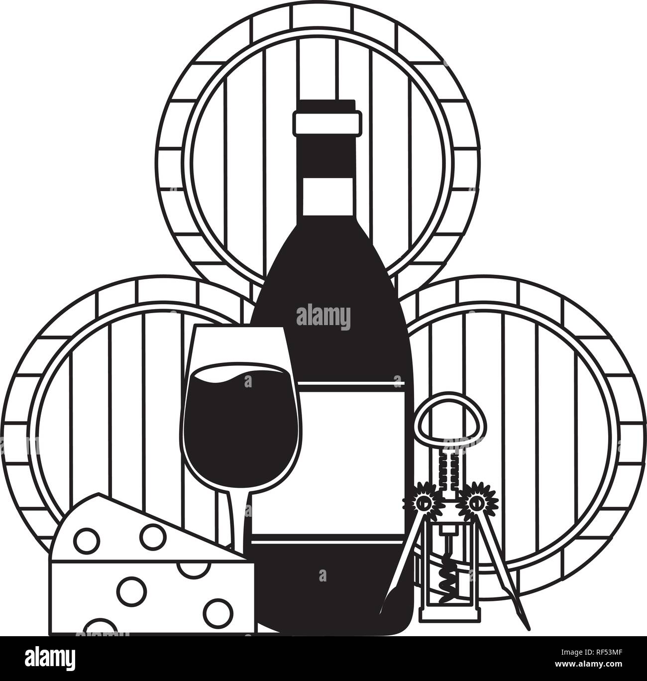 Bouteille de vin tasse fromage tire-bouchon et le baril Illustration de Vecteur