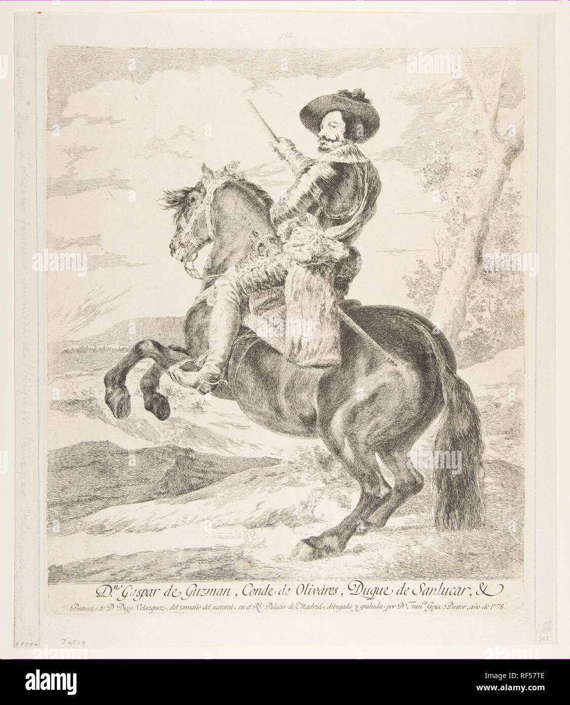 Gaspar de Guzmán, comte d'Olivares à cheval, après Velázquez. Artiste : Goya (Francisco de Goya y Lucientes (Fuendetodos) espagnol, 1746-1828 Bordeaux) ; Après Velázquez (Diego Rodríguez de Silva y Velázquez (Séville, Espagne) Madrid 1599-1660). Dimensions : Plateau : 14 5/8 x 12 3/8 in. (37,2 × 31,4 cm) feuille : 16 × 5/16 14 1/8 in. (41,4 × 35,8 cm). Sitter : Gaspar de Guzmán, comte d'Olivares et duc de Sanlucar (Espagnol, 1587-1645). Date : 1778. Musée : Metropolitan Museum of Art, New York, USA. Banque D'Images