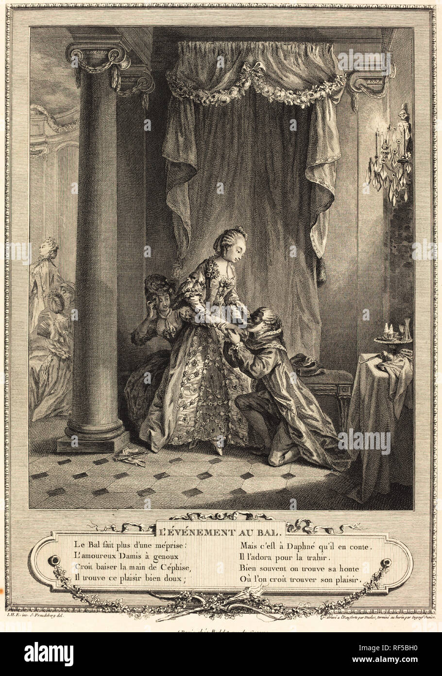 L'evenement au bal. En date du : 1775. Fiche technique : Dimensions : 40,8 × 29,3 cm (16 1/16 × 11 9/16 in.). Technique : gravure et gravure. Musée : National Gallery of Art, Washington DC. Auteur : Antoine-Jean Duclos et Francois-Robert Ingouf après Sigmund Freudenberger. ANTOINE-JEAN DUCLOS. Banque D'Images