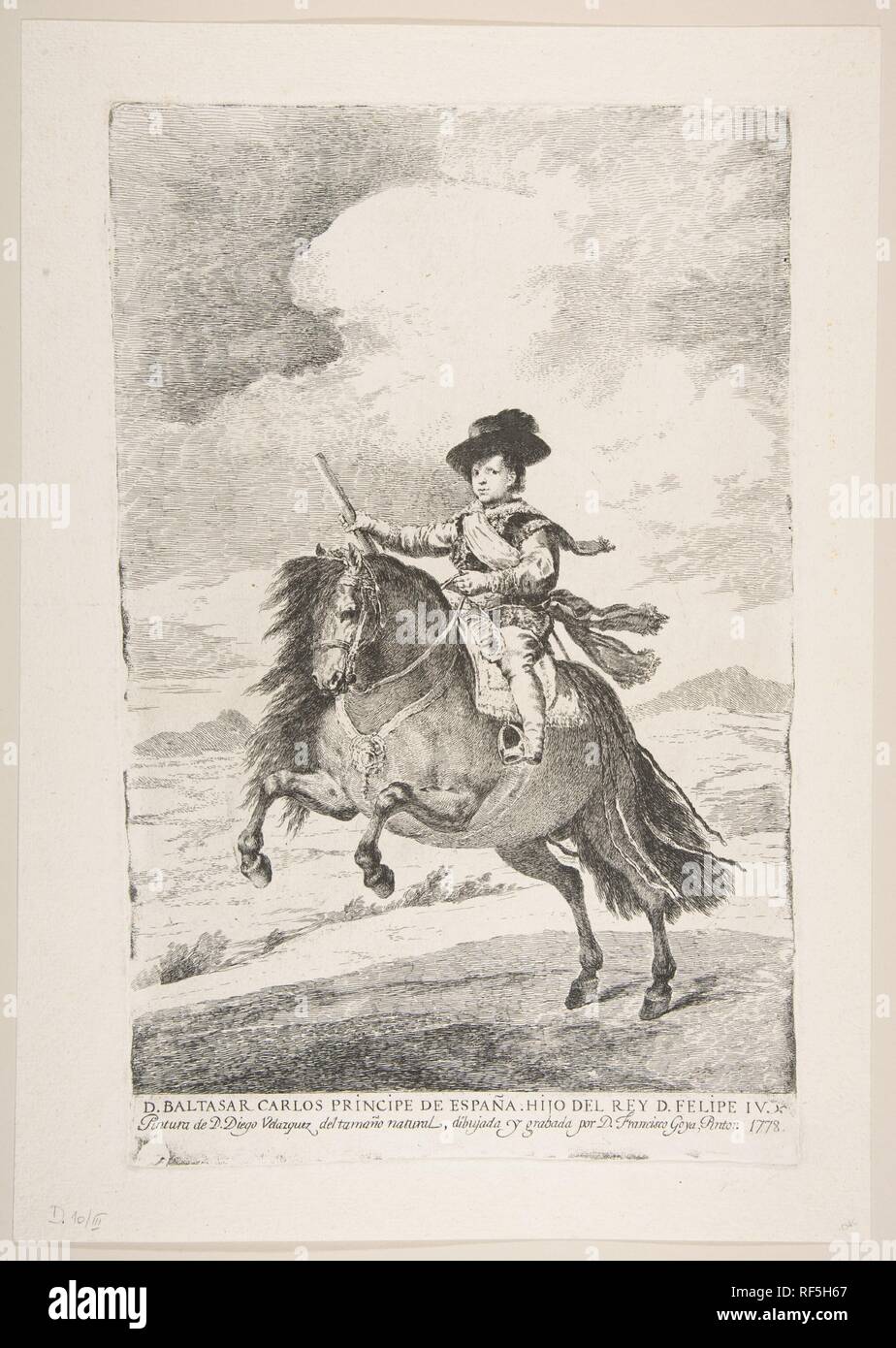 Balthasar Carlos, Prince d'Espagne et fils de Philippe IV (D. Baltasar Carlos-Principe de España. Hijo del Rey D. Felipe IV), d'après des gravures Velazquez. Artiste : Goya (Francisco de Goya y Lucientes (Fuendetodos) espagnol, 1746-1828 Bordeaux) ; Après Velázquez (Diego Rodríguez de Silva y Velázquez (Séville, Espagne) Madrid 1599-1660). Dimensions : Plateau : 13 × 9/16 8 11/16 in. (34,5 × 22 cm) feuille : 15 9/16 in. × 11 in. (39,5 × 28 cm). Series/portefeuille : Gravures après Velazquez. Sitter : Balthasar Carlos, Prince d'Espagne, fils de Philippe IV. Date : 1778. Musée : Metropolitan Museum of Art, New York, États-Unis Banque D'Images