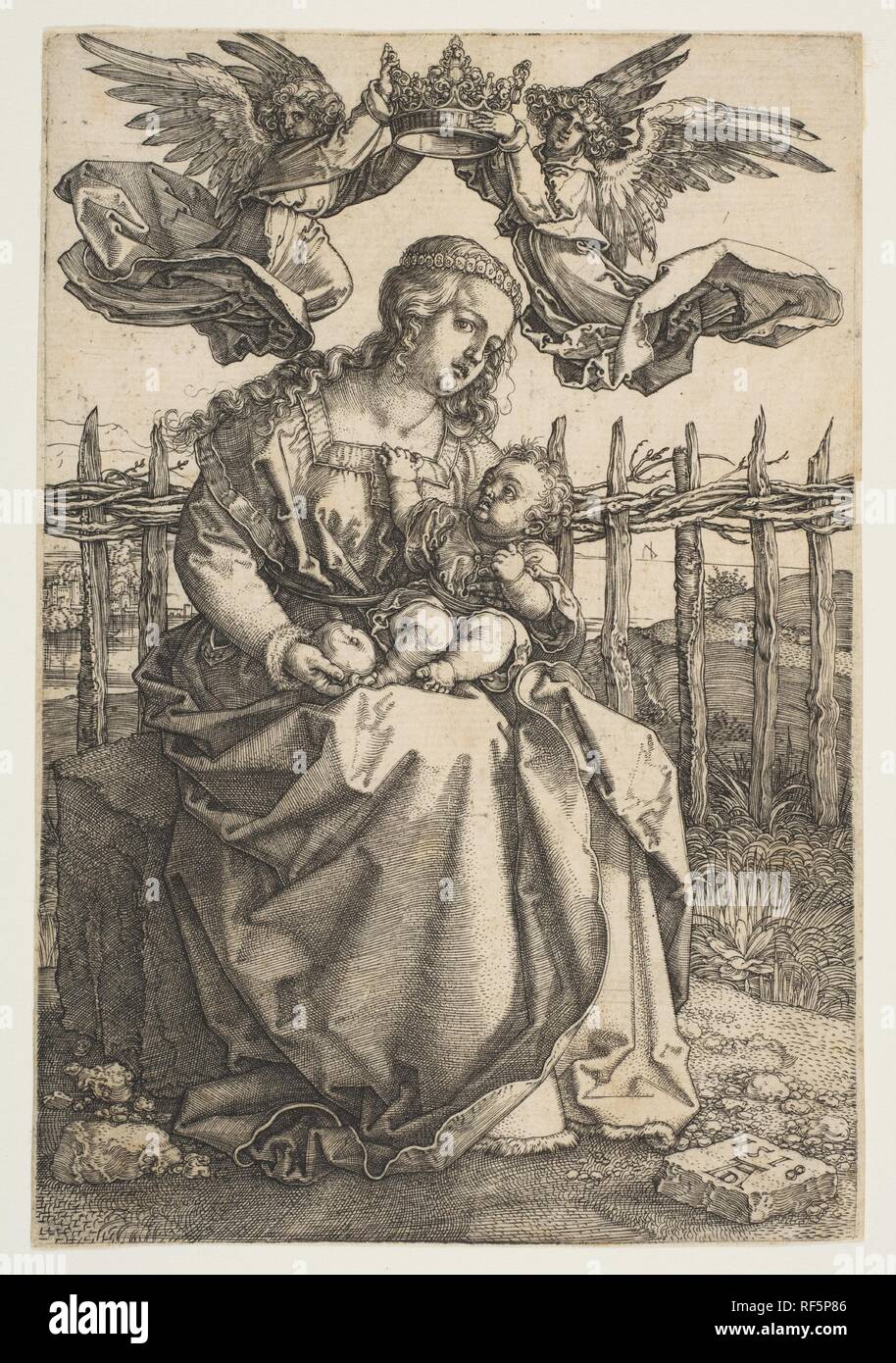 Vierge à l'enfant couronnée par deux anges. Artiste : Albrecht Dürer (Nuremberg, Allemagne Nuremberg 1471-1528). Fiche Technique : Dimensions : 5 × 3 15/16 à 13/16. (14,7 × 10 cm). Date : 1518. Musée : Metropolitan Museum of Art, New York, USA. Banque D'Images