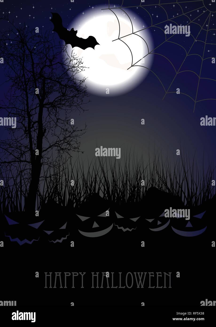 Nuit de lune sombre Halloween fond avec Jack-O-Lantern pumpkin silhouettes. Conception vectorielle Illustration de Vecteur