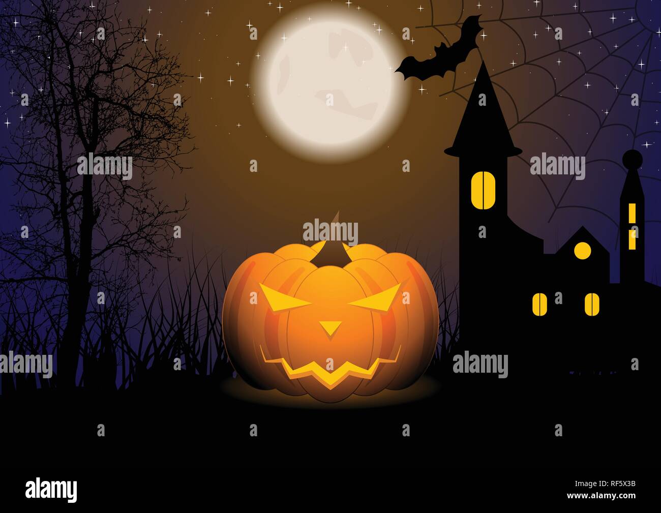 Carte de souhaits pour l'halloween avec Jack-O-lanterne citrouille. Nuit de lune sinistre, le château et le bat. Cartoon Vector illustration Illustration de Vecteur