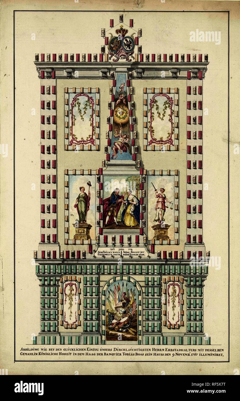 Illuminatie van het huis van Tobias Boas voor de intrede van Willem V FR Wilhelmina van Pruisen, 1767. Figure wie bey den glucklichen Durchlauchtigsten Erbstadhalters Einzug unsers Herrn mit desselben Gemahlin Königliche Hoheit Dem en Haag der Banquier Tobias Boas sein Hauss den 9. Novembr. 1767 illuminiret (titre sur l'objet). Rapporteur pour avis : anonyme. Dating : 1767. Lieu : Nord des Pays-Bas. Dimensions : H 576 mm × W 375 mm. Musée : Rijksmuseum, Amsterdam. Banque D'Images