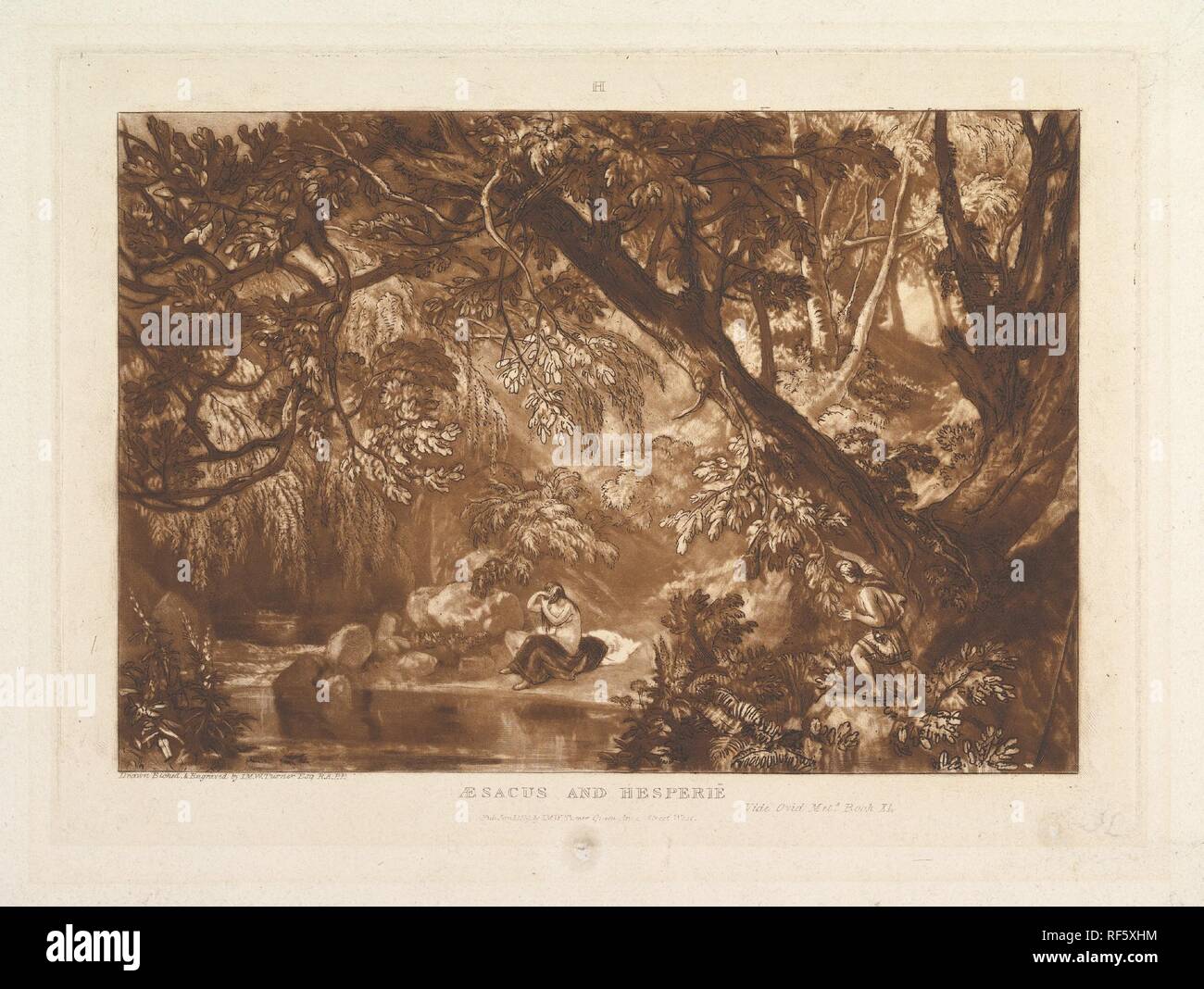 Hesperie Aesacus et vide, la métamorphose d'Ovide, livre XI (Liber Studiorum, partie XIII, la plaque 66). Artiste et éditeur : Joseph Mallord William Turner (britannique, Londres 1775-1851 Londres). Dimensions : plaque : 7 1/16 x 10 3/16 po. (17,9 x 25,9 cm) : Feuille 8 x 11 1/2 à 5/16. (21,1 x 29,2 cm). Date : Janvier 1, 1819. Turner distillé ses idées sur paysage dans 'Liber Studiorum' (Latin pour Livre d'études), une série de soixante imprime plus un frontispice publié entre 1807 et 1819. Pour établir la composition, il a fait des dessins à l'aquarelle, puis brown décrit gravé sur des plaques de cuivre. Dans quelques j Banque D'Images