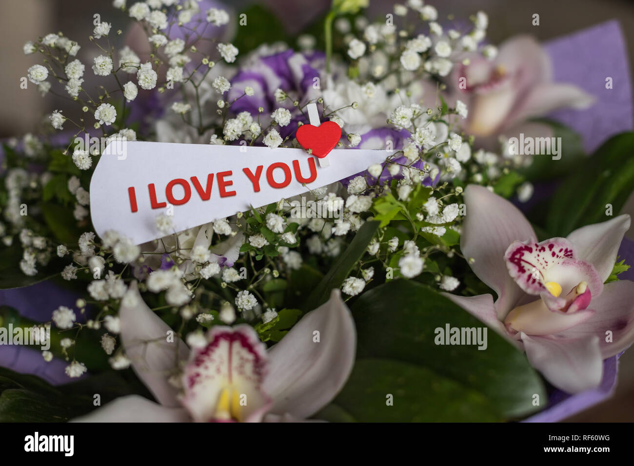 Fleurs et de carte avec l'inscription vous aime. Valentines Day background et de l'amour message. Confession amour concept.Happy Valentines Day, le 14 février, l'espace de copie du calendrier. Carte de vœux. Banque D'Images