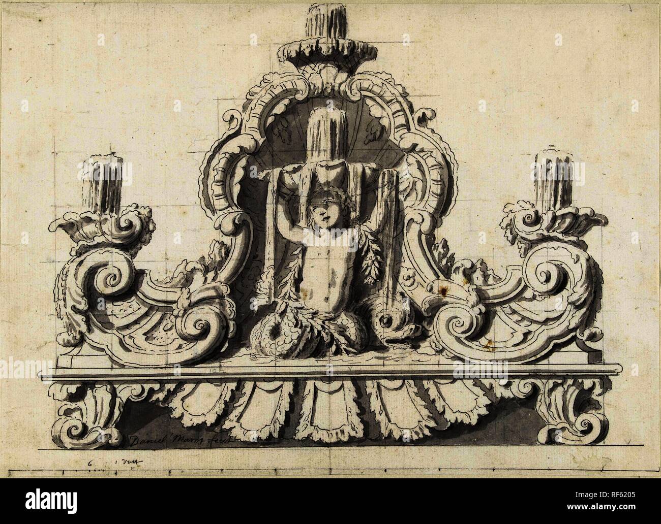 Conception pour une fontaine. Rapporteur pour avis : Daniël Marot (II). Dating : 1705 - 1769. Dimensions : H 237 mm × W 331 mm. Musée : Rijksmuseum, Amsterdam. Banque D'Images