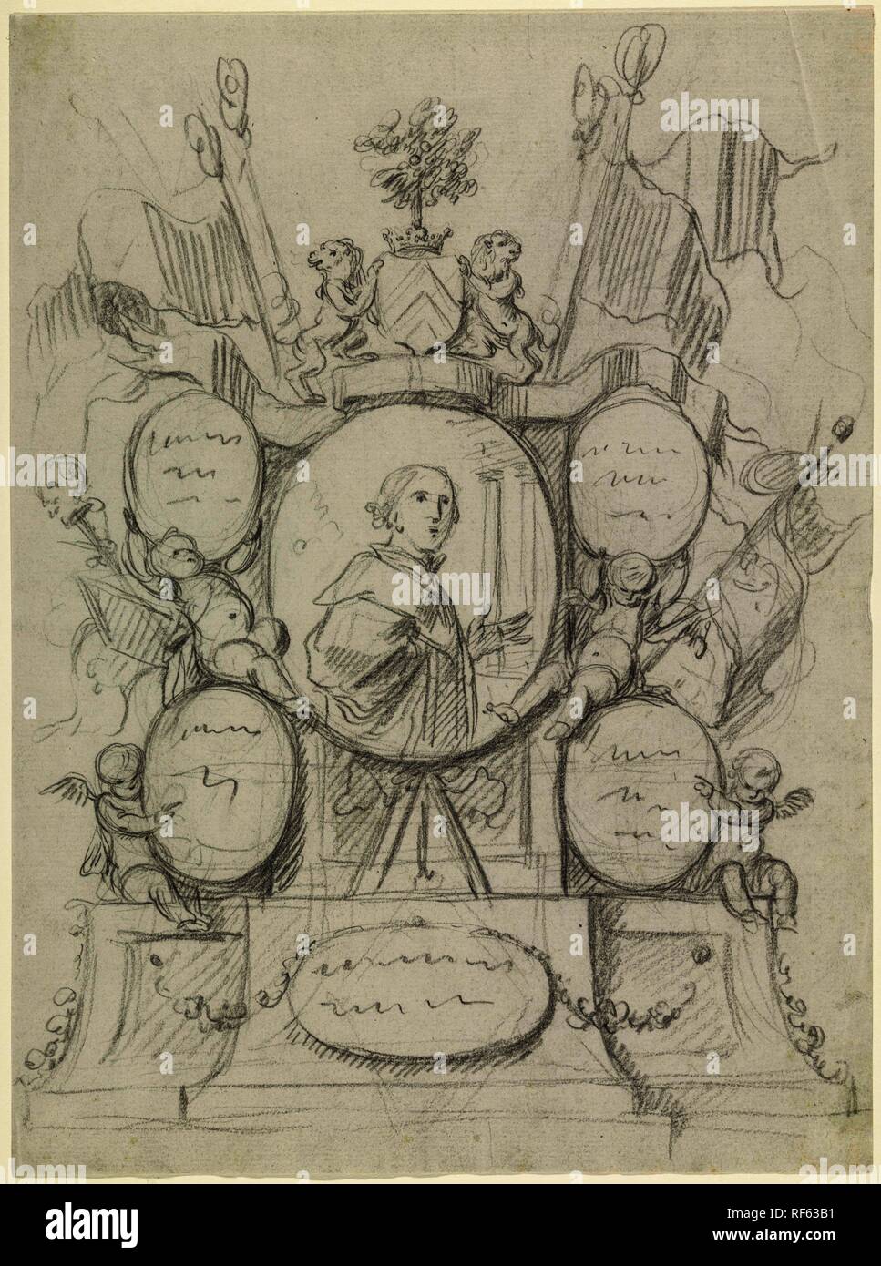 Pierre tombale avec médaillons et putti. Rapporteur pour avis : anonyme. Dating : 1650 - 1800. Dimensions : H 368 mm × W 273 mm. Musée : Rijksmuseum, Amsterdam. Banque D'Images