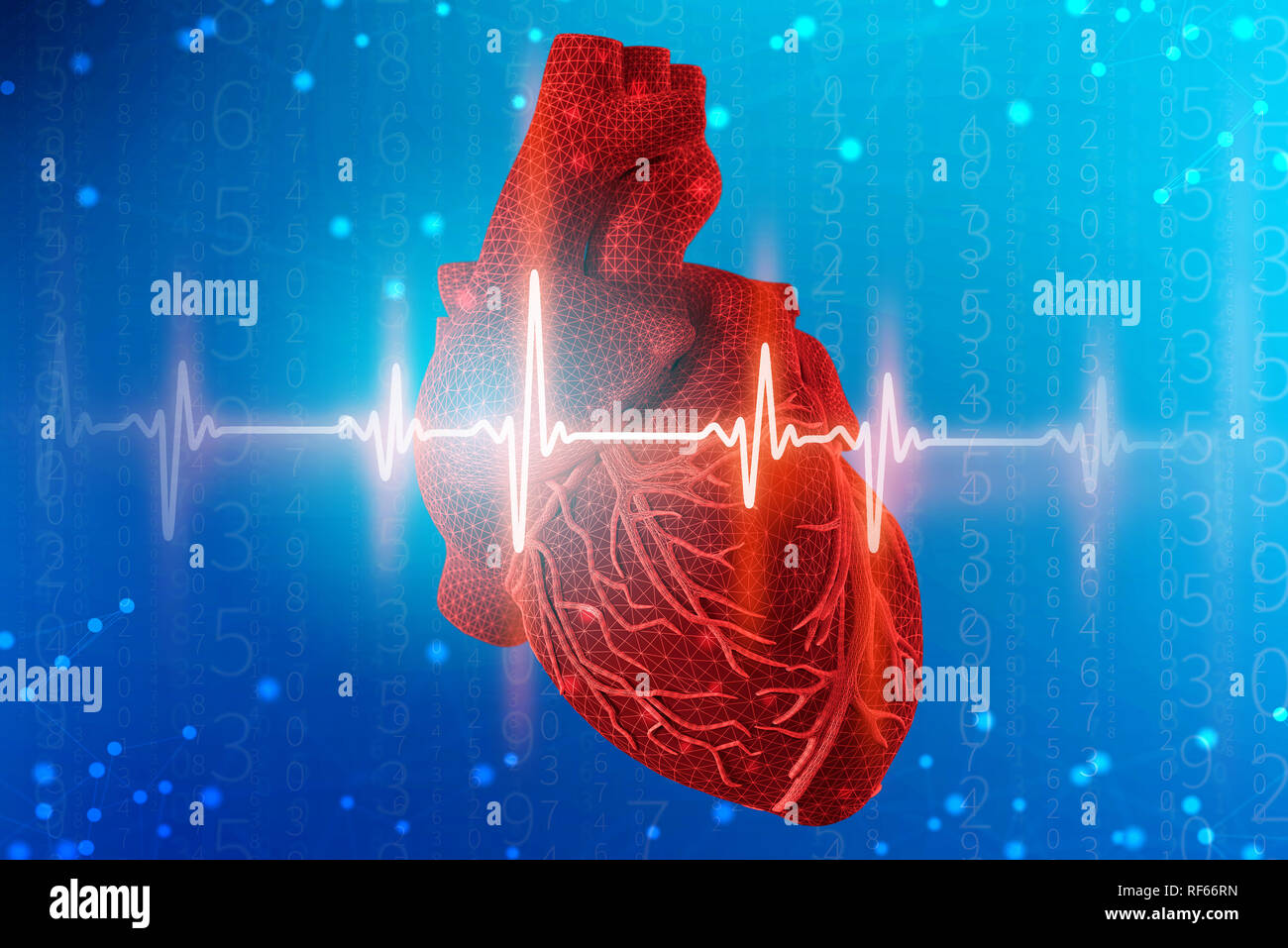 3d illustration de coeur humain et cardiogramme texture hachurée sur la modélisation abstract futuristic fond bleu. Concept de technologies numériques en moi Banque D'Images
