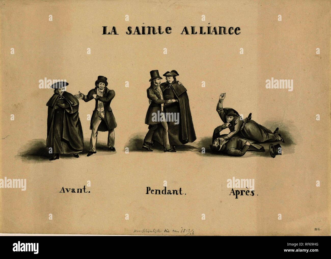 Spotprent op de alliantie gesloten van de roomse klerikale partij en de  Liberale Partij tegen de Nederlandse regering, 1828. La Sainte Alliance  (titre sur l'objet). Dating : 1828. Lieu : sud des