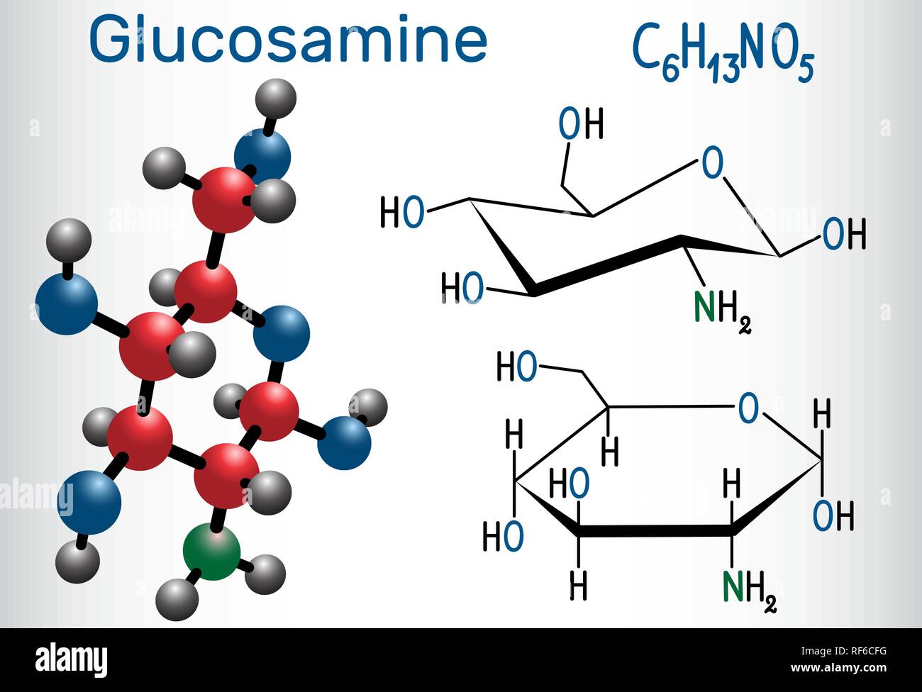 Molécule de glucosamine, est une des plus abondantes des monosaccharides, est un supplément alimentaire. Formule chimique structurale et molécule modèle. Illus vectoriel Illustration de Vecteur