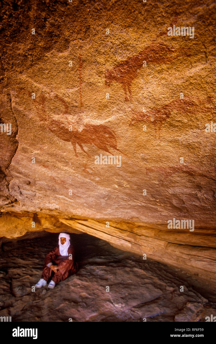 TAMANRASSET, ALGÉRIE - 7 janvier 2002 : inconnu des guides touaregs expliquant l'importance de roches anciennes dessins d'animaux dans le désert du Sahara, Wil Banque D'Images