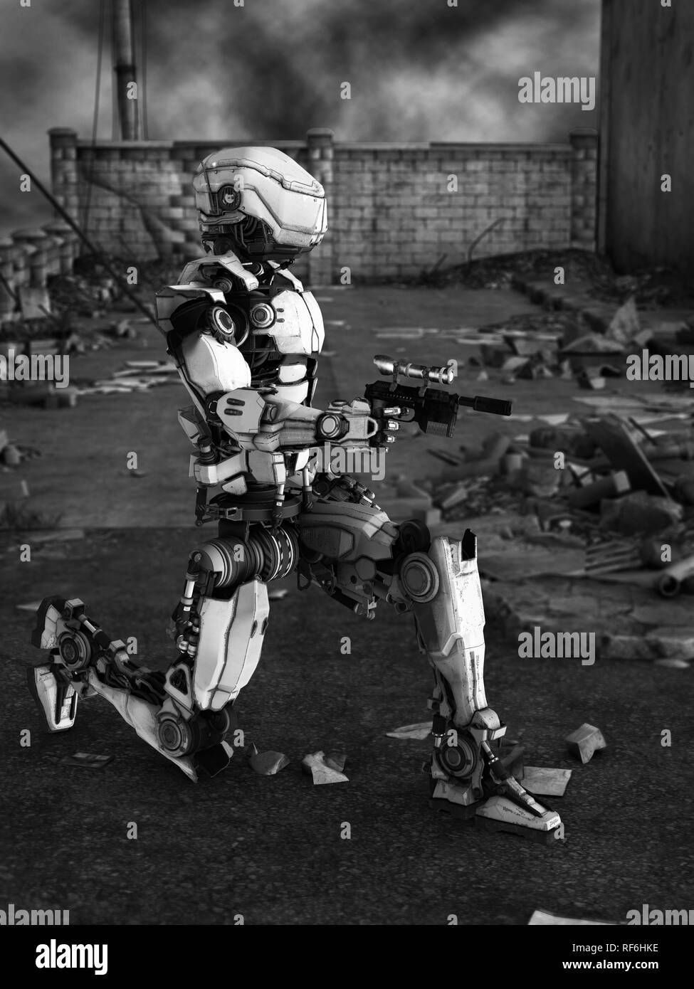 Image en noir et blanc d'un robot futuriste holding gun, une guerre dans une ville en ruines. Banque D'Images