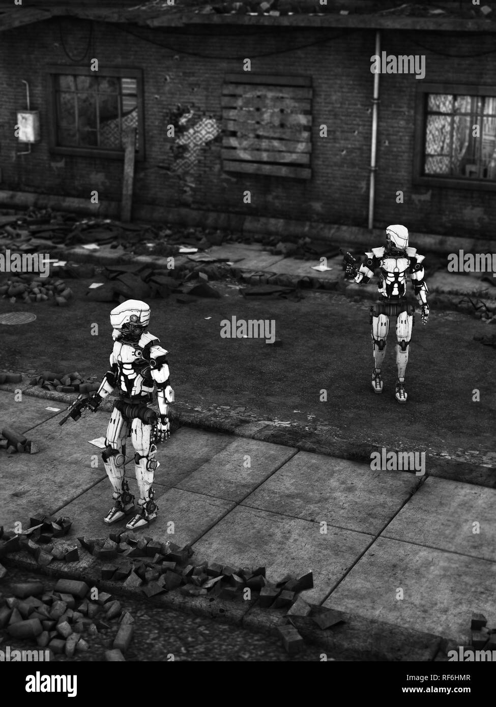 Image en noir et blanc de deux robots futuristes holding guns, une guerre dans une ville en ruines. Banque D'Images