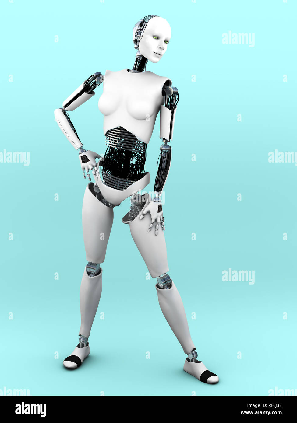 Une image complète du corps d'une femme robot à un comité permanent. Fond bleuâtre. Banque D'Images