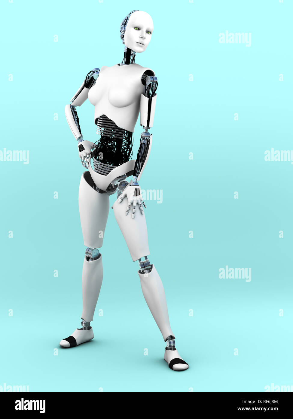 Une image complète du corps d'une femme robot à un comité permanent. Fond bleuâtre. Banque D'Images