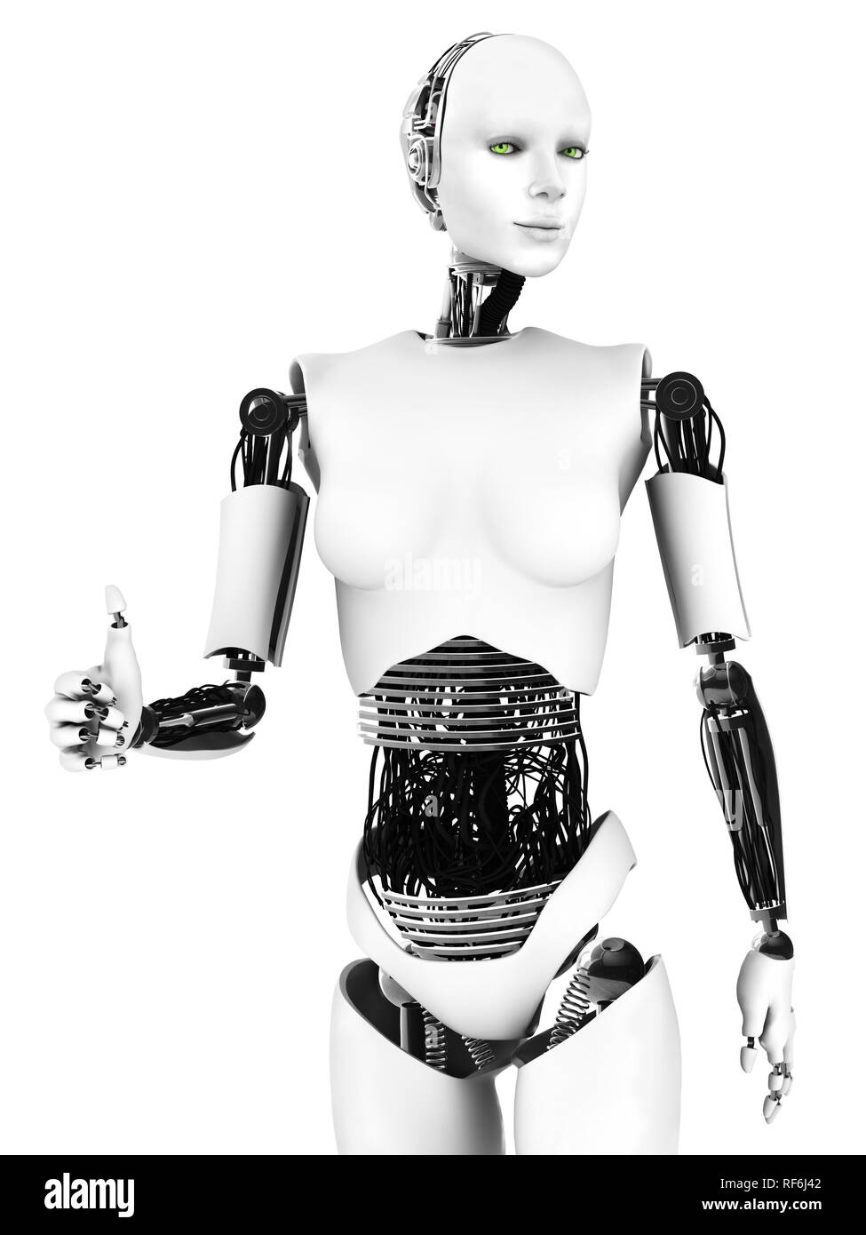 Femme robot fait un Thumbs up. Un robot femme faisant un coup de pouce avec sa main. Arrière-plan blanc. Banque D'Images