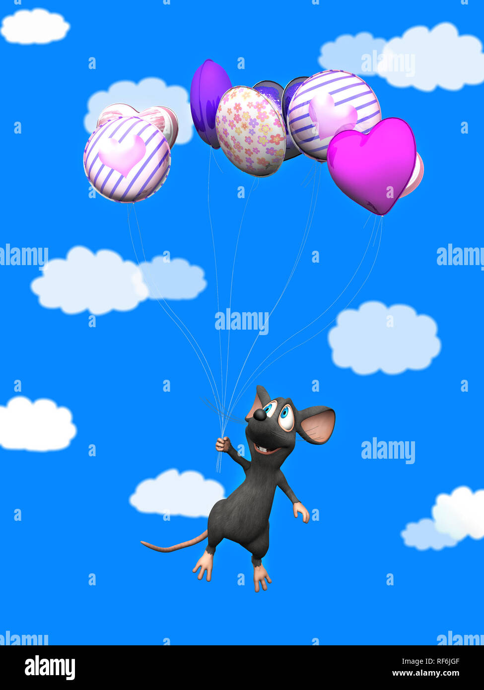 A cute smiling cartoon éloigné de la souris tout en tenant un bouquet de ballons à la main. Ciel bleu avec des nuages blancs gonflées à l'arrière-plan. Banque D'Images