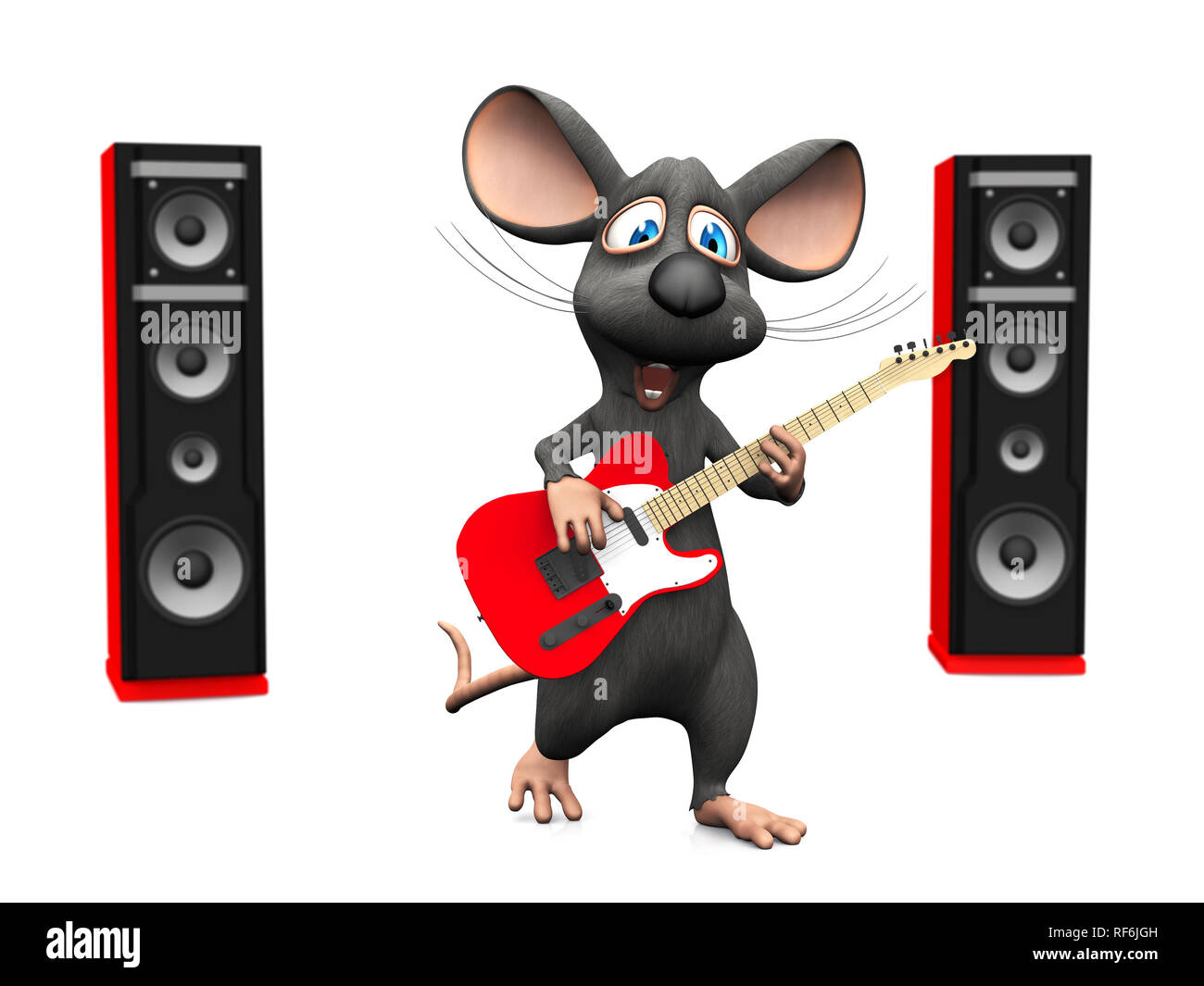 A cute smiling cartoon souris chantant et jouant sur une guitare électrique. Il y a deux grands haut-parleurs rouge dans le dos. Arrière-plan blanc. Banque D'Images