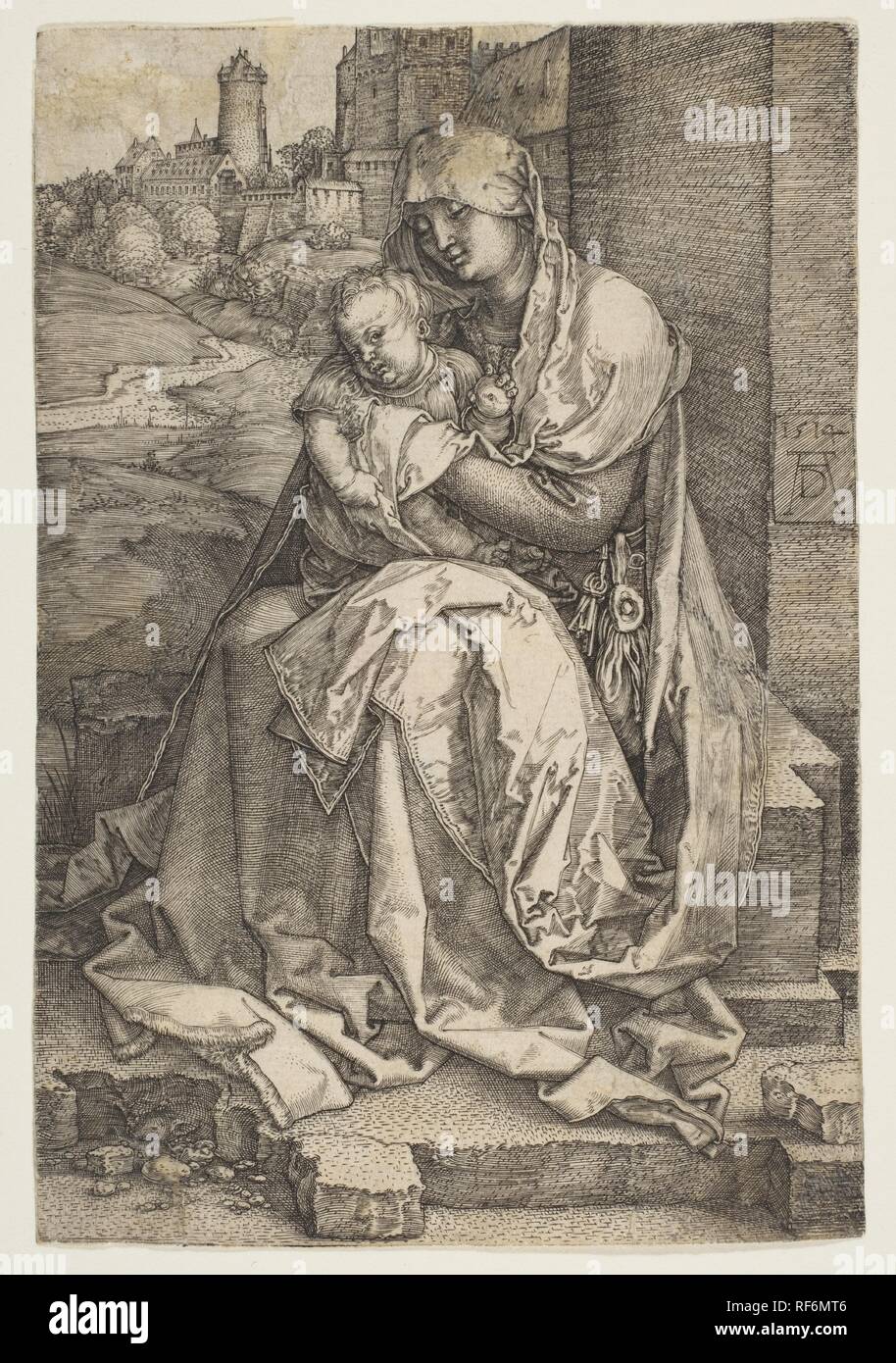 Vierge à l'enfant assis par le mur. Artiste : Albrecht Dürer (Nuremberg, Allemagne Nuremberg 1471-1528). Fiche Technique : Dimensions : 5 3/4 x 3 7/8 in. (14,6 × 9,9 cm). Date : 1514. Musée : Metropolitan Museum of Art, New York, USA. Banque D'Images