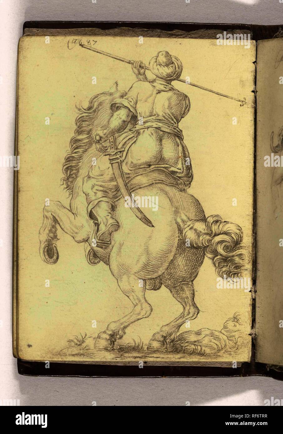 Ruiter a rencontré lans, het paard van achteren gezien. Schetsboek A.S.'fe', 1587, blad 4v(12) (titre de la série). Artiste : Philips Galle. Rapporteur pour avis : anonyme. Dating : 1587. Dimensions : H 105 mm × w 78 mm. Musée : Rijksmuseum, Amsterdam. Banque D'Images