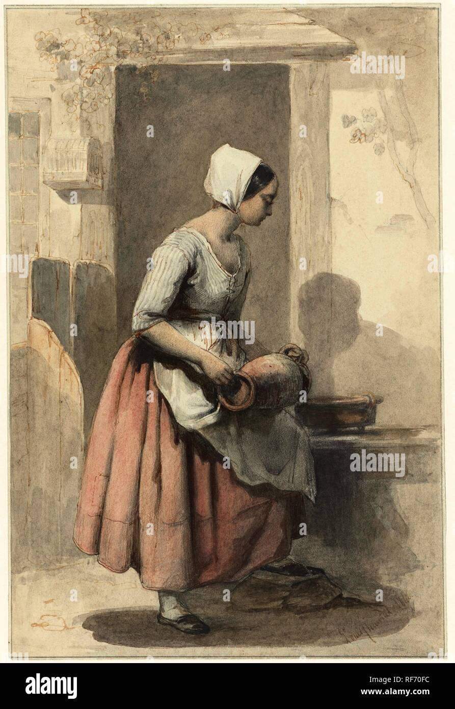 Fille avec un pot à l'entrée d'une maison. Rapporteur pour avis : Louis Chantal. Dating : 1846. Dimensions : H 236 mm × W 159 mm. Musée : Rijksmuseum, Amsterdam. Banque D'Images