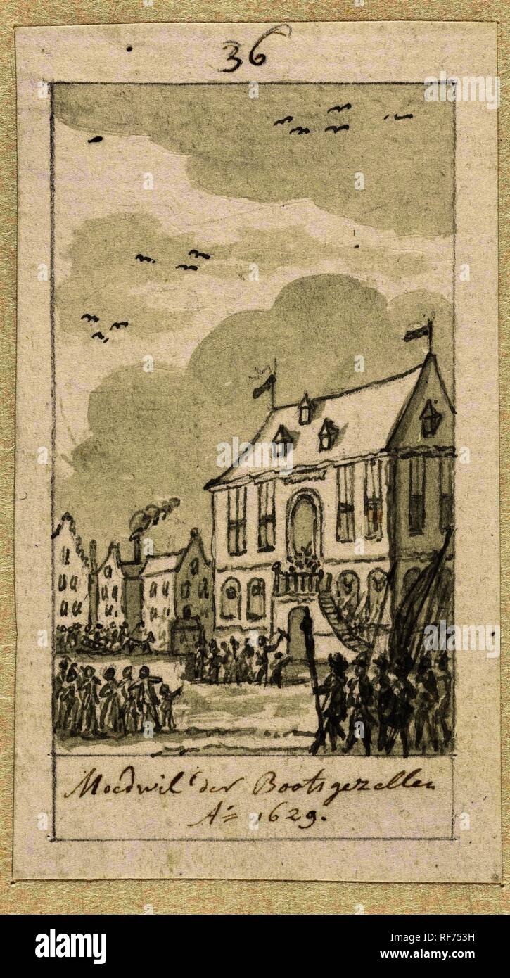 L'équipage du navire rebelle à Amsterdam, 1629. Rapporteur pour avis : Simon Fokke. Dating : 1722 - 1784. Lieu : Nord des Pays-Bas. Dimensions : H 91 mm × w 52 mm. Musée : Rijksmuseum, Amsterdam. Banque D'Images