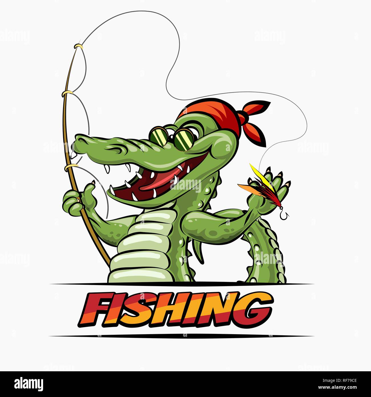 Club de pêche ou shop emblème. Crocodile Le pêcheur avec tige. Vector illustration. Illustration de Vecteur