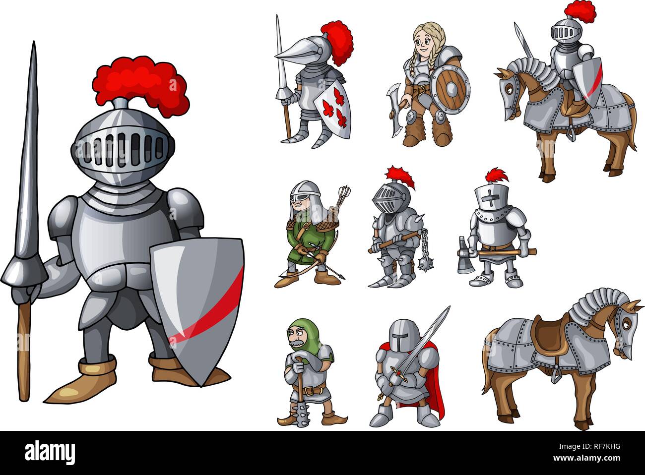 Jeu de caractères chevalier médiéval debout dans différentes poses isolated on white Illustration de Vecteur