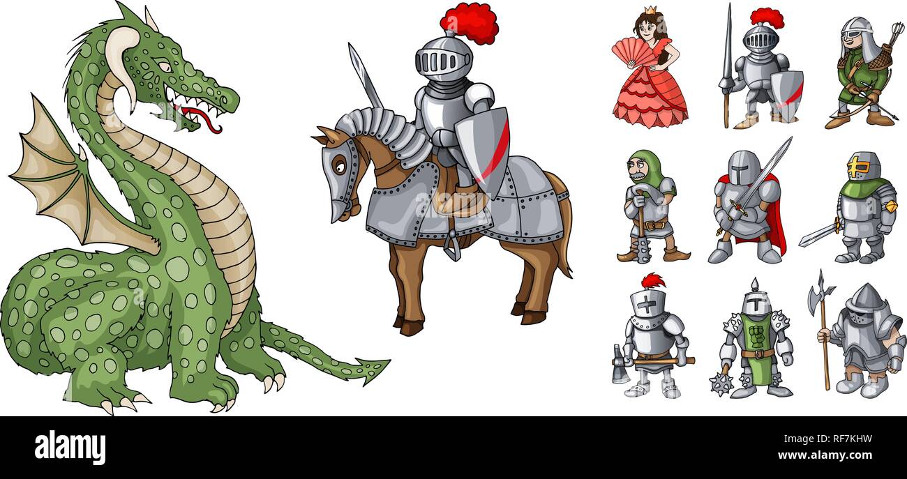 Contes de personnages de dessins animés. Fantasy chevalier et dragon, princesse et chevaliers Illustration de Vecteur