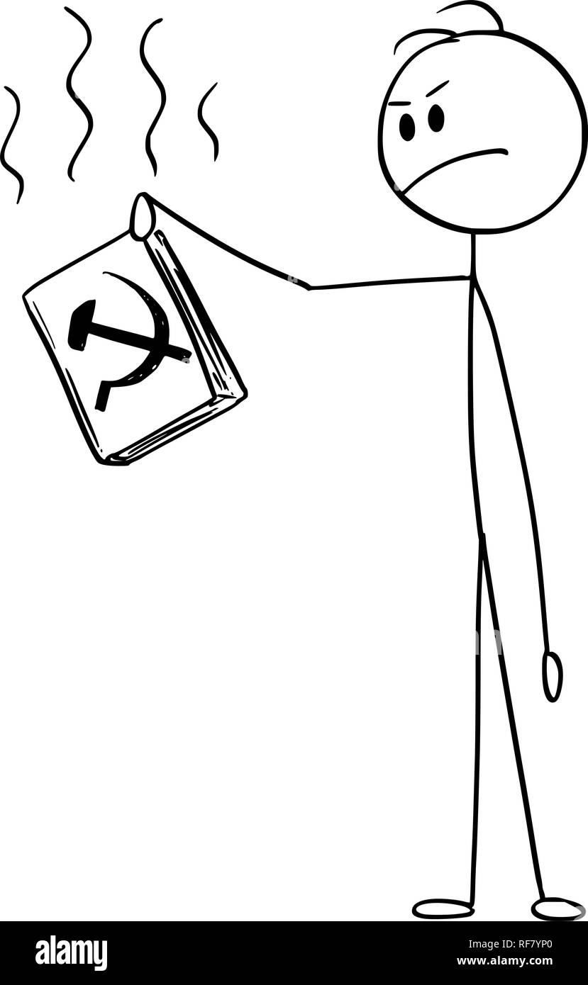 Caricature de dégoûté Man Holding Book avec un marteau et la faucille symbole de communisme Illustration de Vecteur