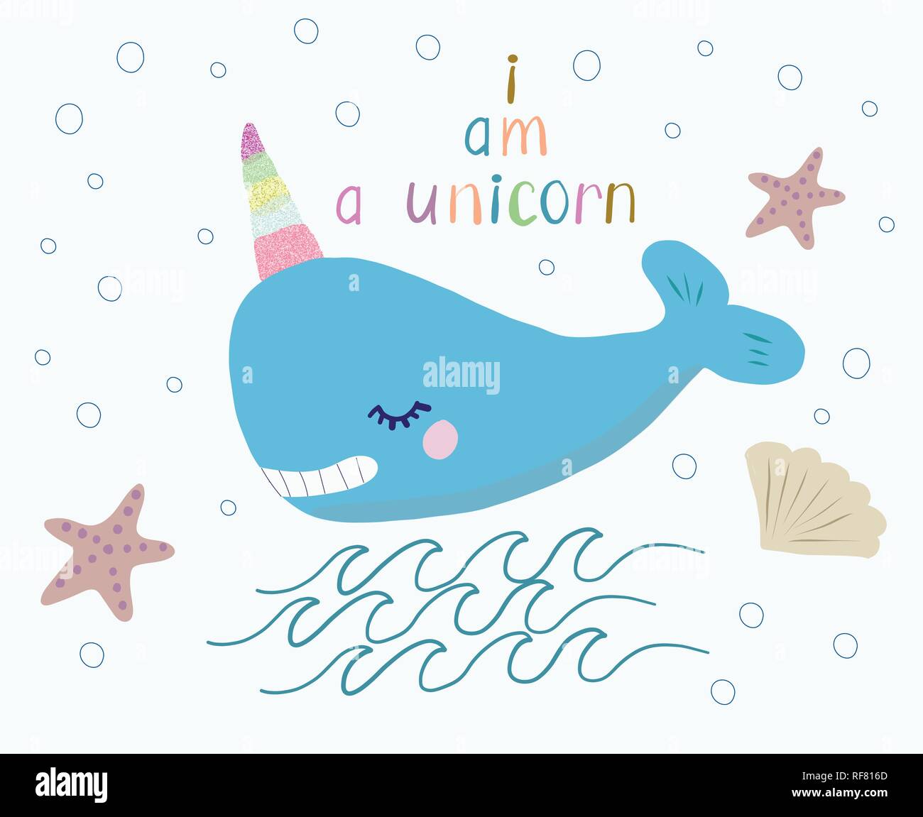 Cute smiling whale avec une licorne corne glitter et lettrage manuscrit - je suis une licorne. VectorIllustration. Illustration de Vecteur