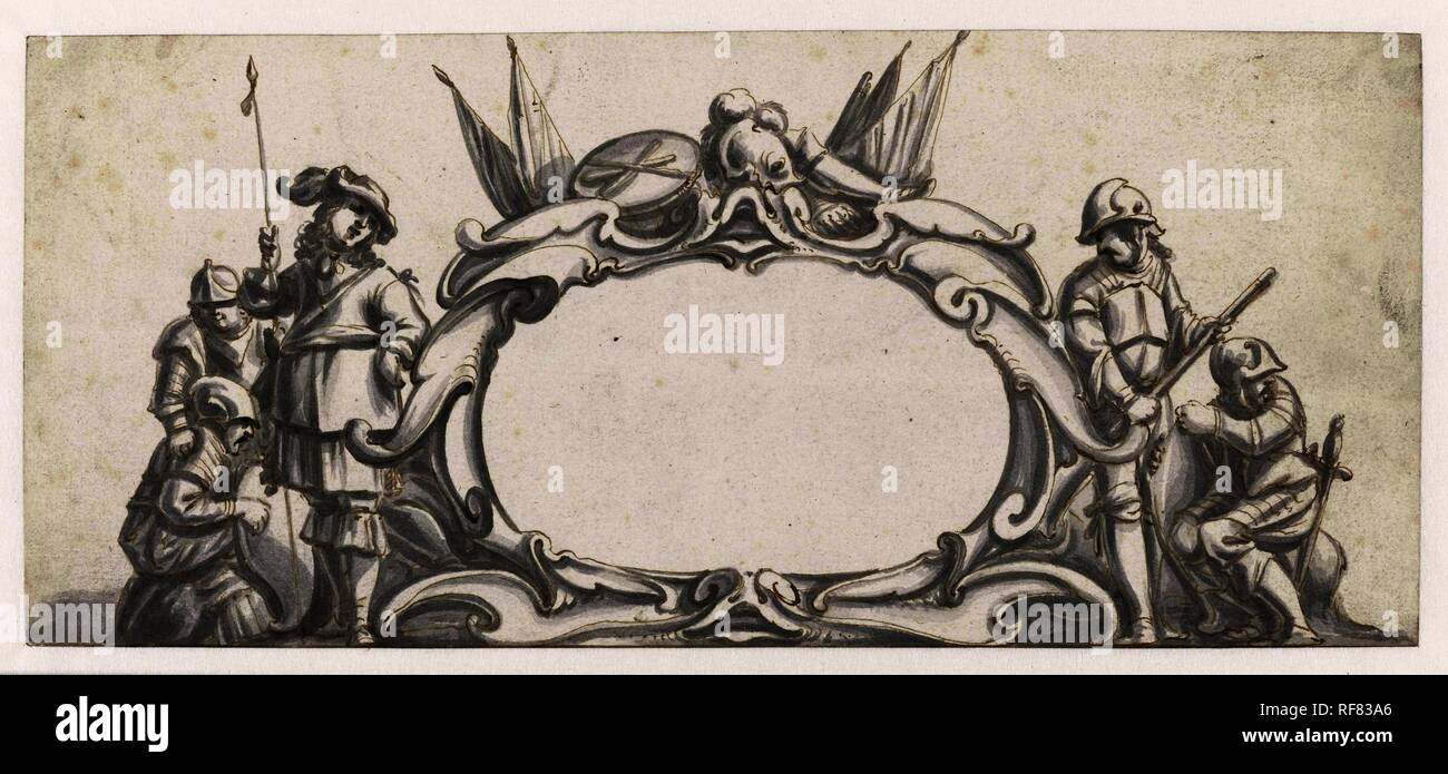 Cartouche flanqué de cinq soldats. Rapporteur pour avis : Pieter Jansz.. Dating : 1630 - 1672. Dimensions : H 104 mm × W 235 mm. Musée : Rijksmuseum, Amsterdam. Banque D'Images