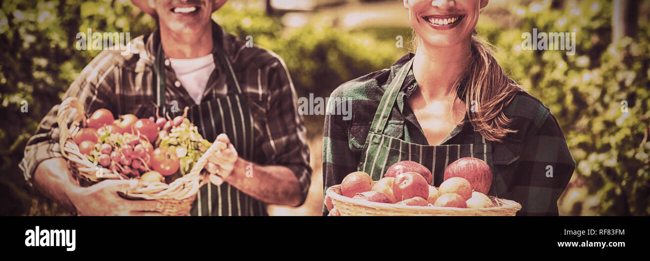 Portrait of happy farmer couple holding paniers de légumes et fruits Banque D'Images