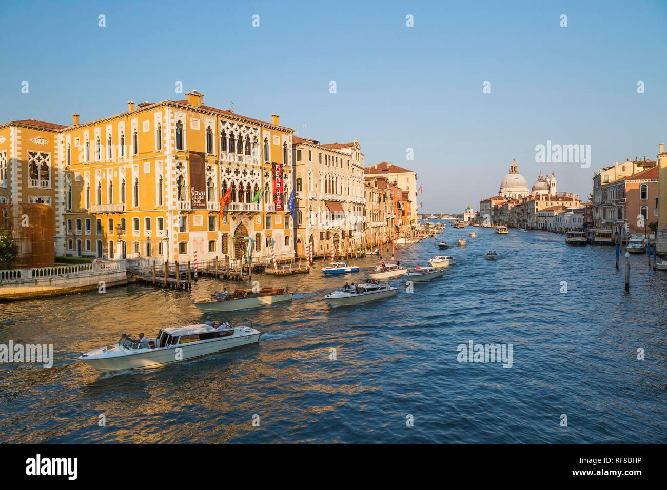 Les taxis de l'eau et sur les vaporettos Grand Canal avec un style architectural Renaissance bâtiments du palais de San Marco et Santa Maria Banque D'Images