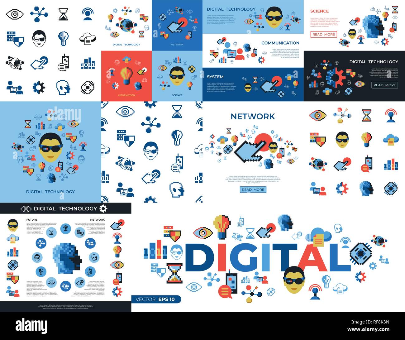 Pixel art vecteur numérique La technologie numérique et Réseau icons set infographie Illustration de Vecteur