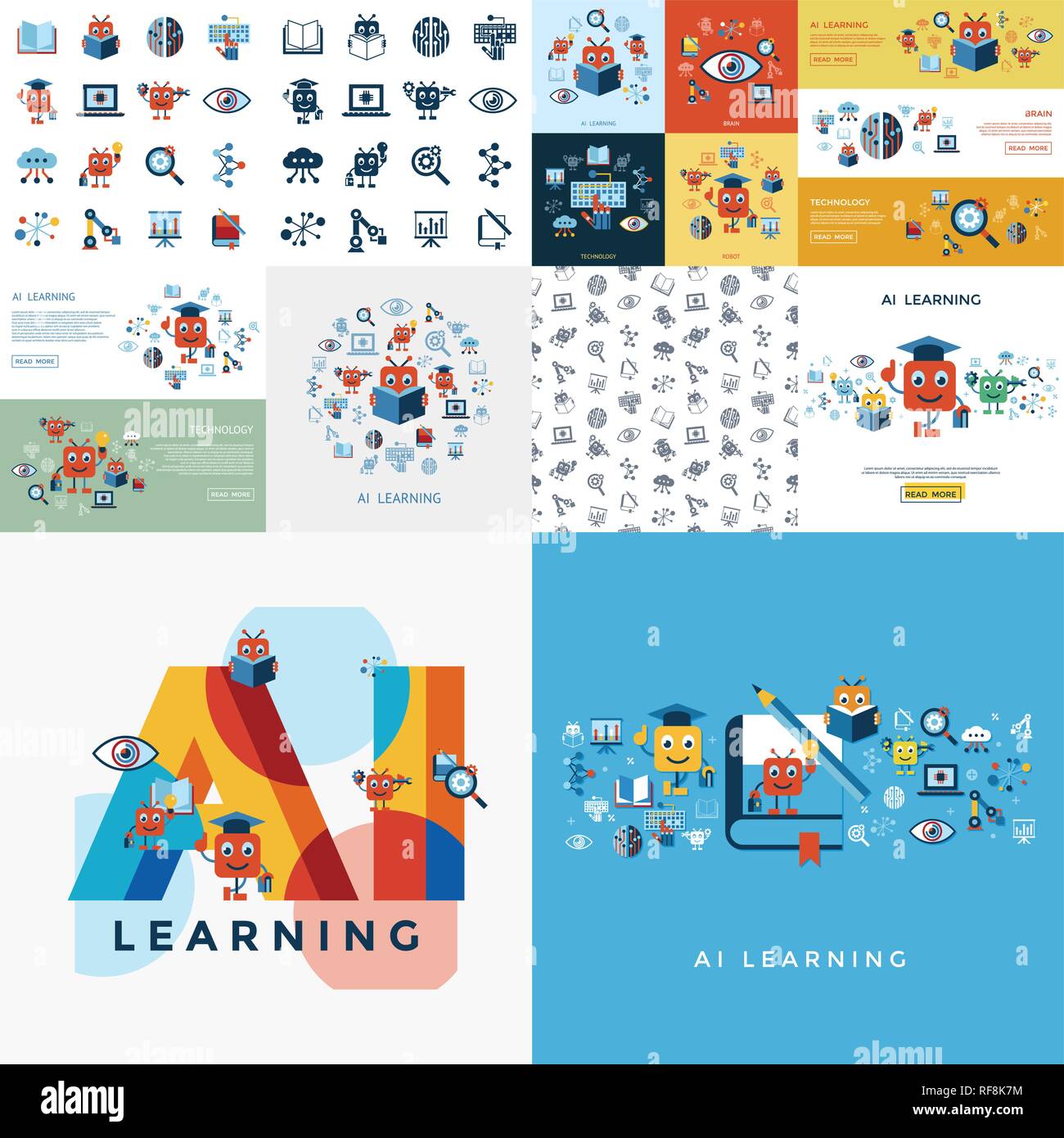 Vecteur numérique d'auto-apprentissage, l'intelligence artificielle des infographies icon set Illustration de Vecteur