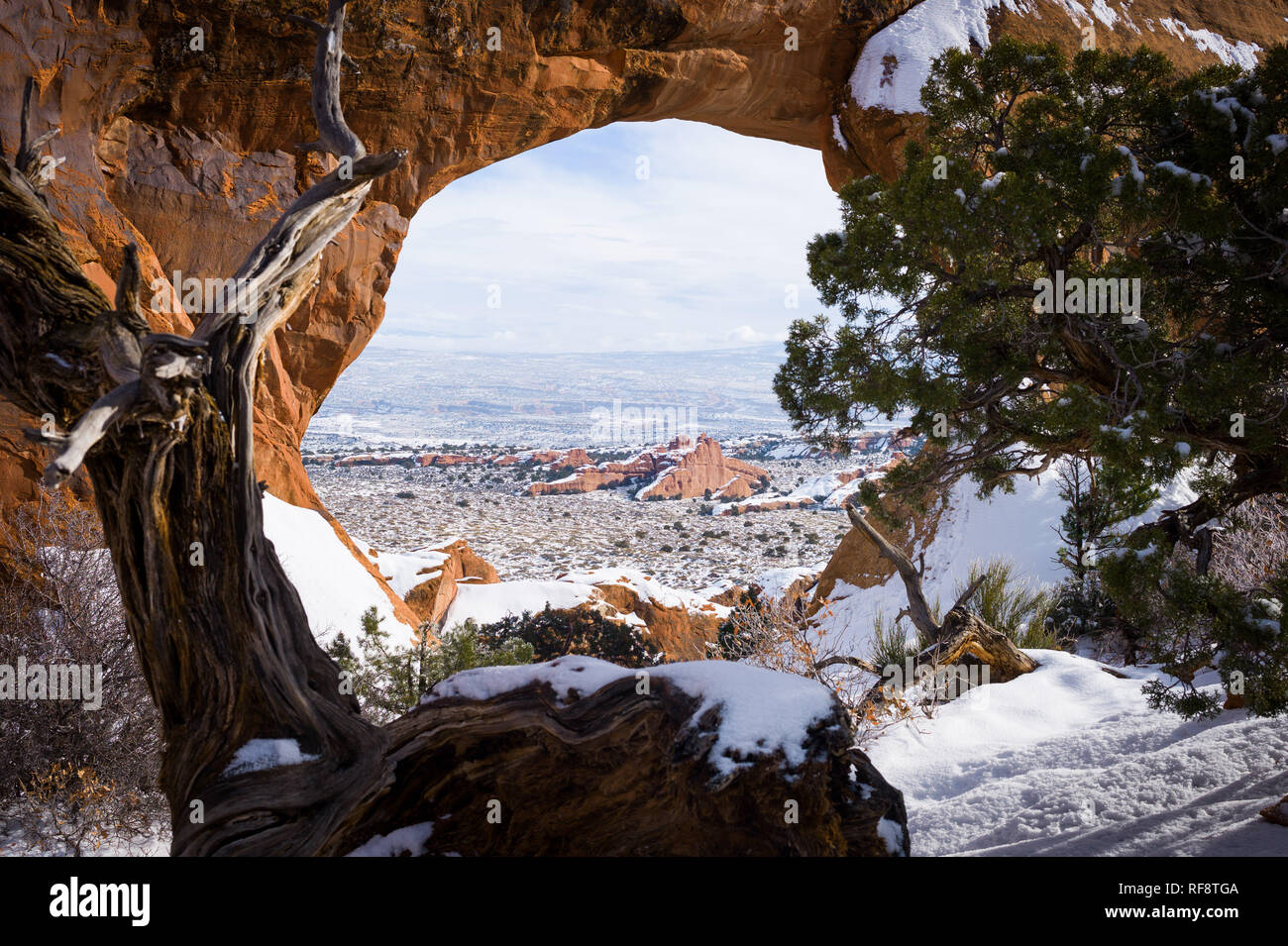 L'hiver est le moment idéal pour visiter Arches National Park dans l'Utah, où le parc est moins bondé et il y a une chance de neige recouvrent le paysage Banque D'Images