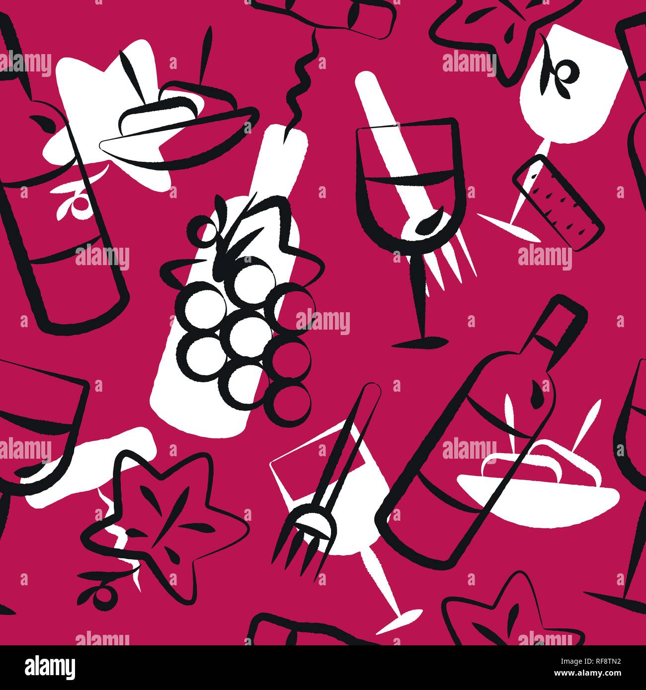 Background seamless pattern avec vin et apéritif icônes alimentaire. Des icônes avec les coups de pinceau. Couleurs CMJN. Vector illustration. Illustration de Vecteur