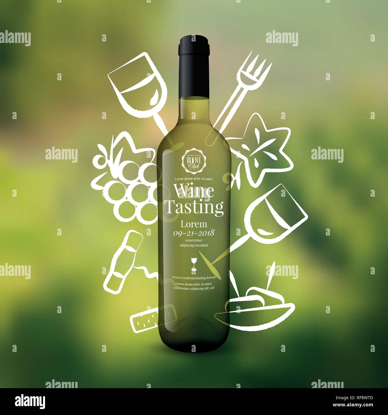 Vin de base tirées des icônes et des courses. Bouteille de vin blanc vignoble de flou artistique. illustration image d'arrière-plan. Idée pour événement vin, dégustation de vin, partie Illustration de Vecteur