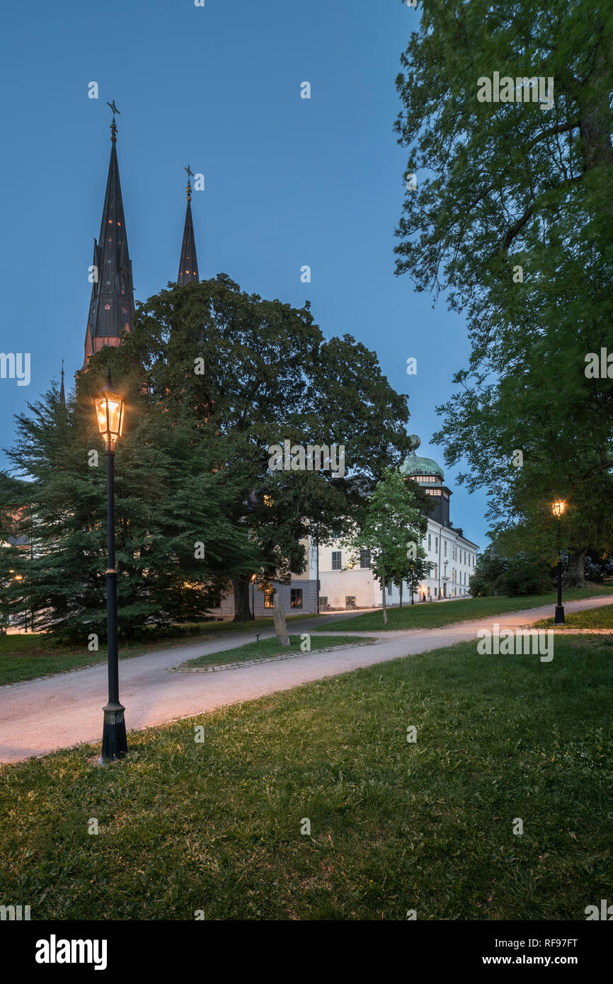 La cathédrale et le Gustavianum la nuit. Vue depuis le parc de l'université, Uppsala, Suède, Scandinavie Banque D'Images