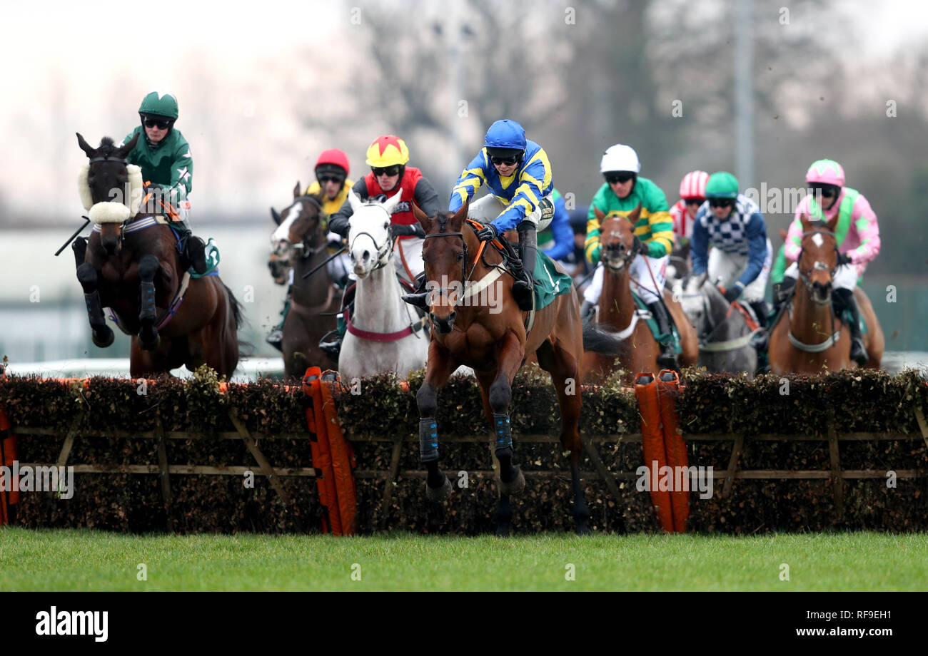 Une vue générale de l'ossature et les cavaliers en compétition dans les courses de plat gratuitement pendant un mois au cours de l'obstacle pour mineurs Midlands Raceday à hippodrome de Warwick. Banque D'Images