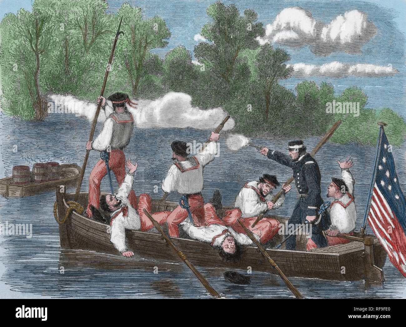 La guerre civile américaine (1861-85). Un piège tendu par les Confédérés. Le capitaine de l'Armée de l'Union et de l'équipage sur petit bateau. Gravure par Fr. Vizetelly. Banque D'Images