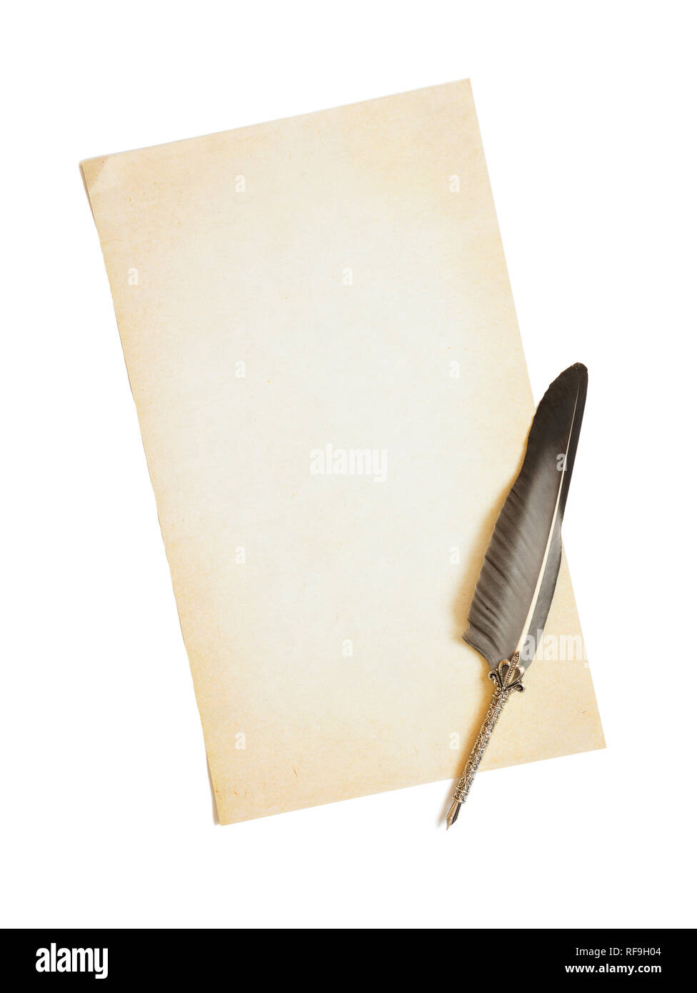 Concept de la créativité littéraire : feuille jaunie vide de vieux papier et de belles plumes antique argent Banque D'Images