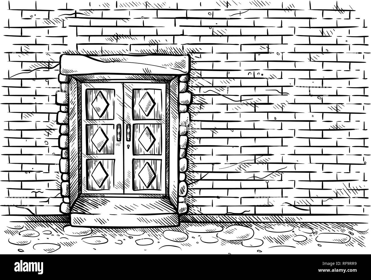 Croquis dessinés à la main, vieille porte en bois rectangulaire double mur de brique dans vector illustration Illustration de Vecteur