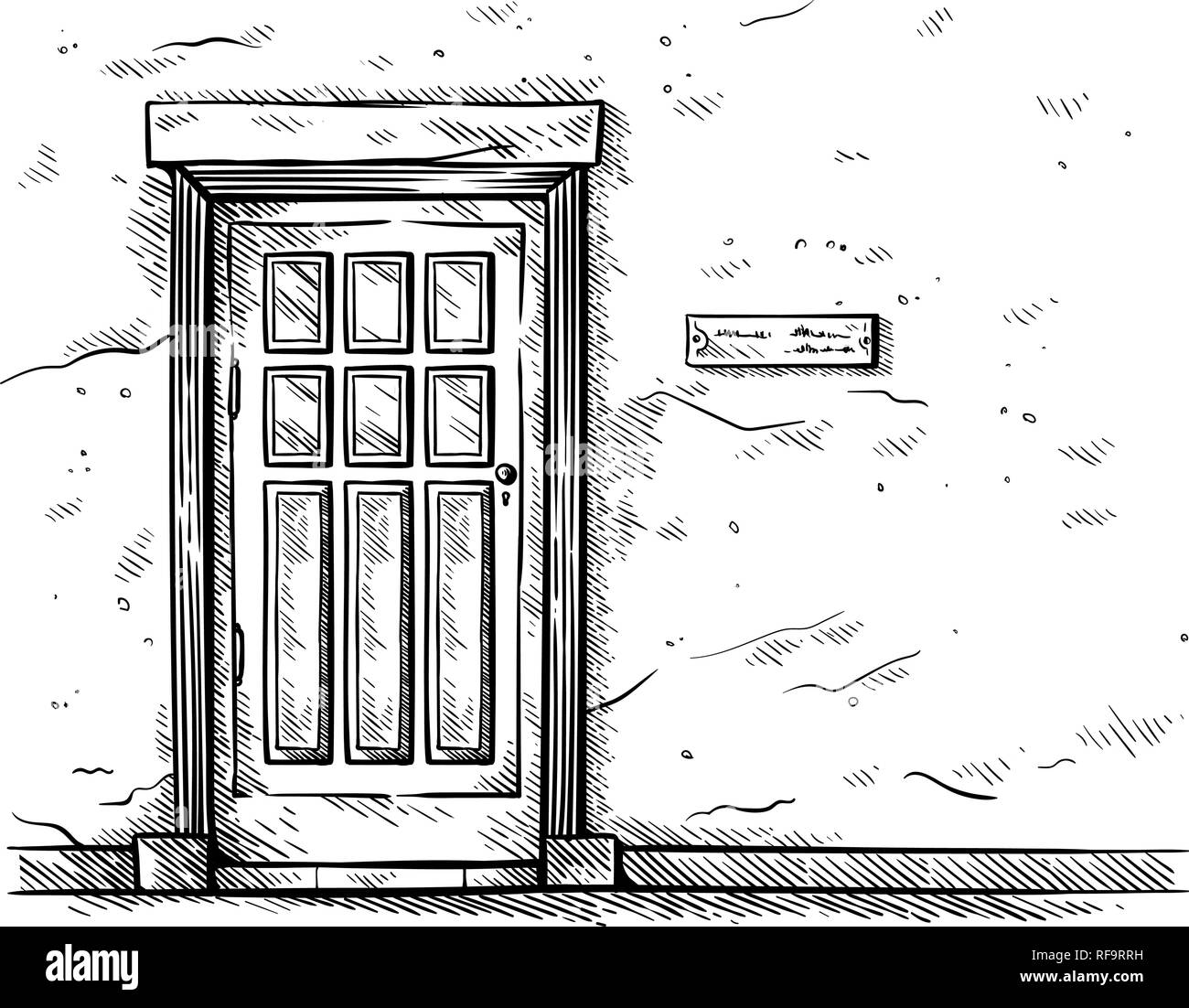 Croquis dessinés à la main, vieille porte en bois rectangulaire en mur de briques illustraion de vecteur Illustration de Vecteur