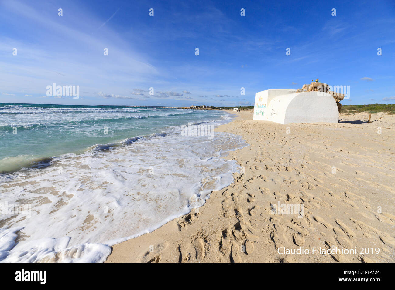 Vague sur le rivage de sable, mer Méditerranée propre seascape Es Trenc Mallorca Espagne Banque D'Images