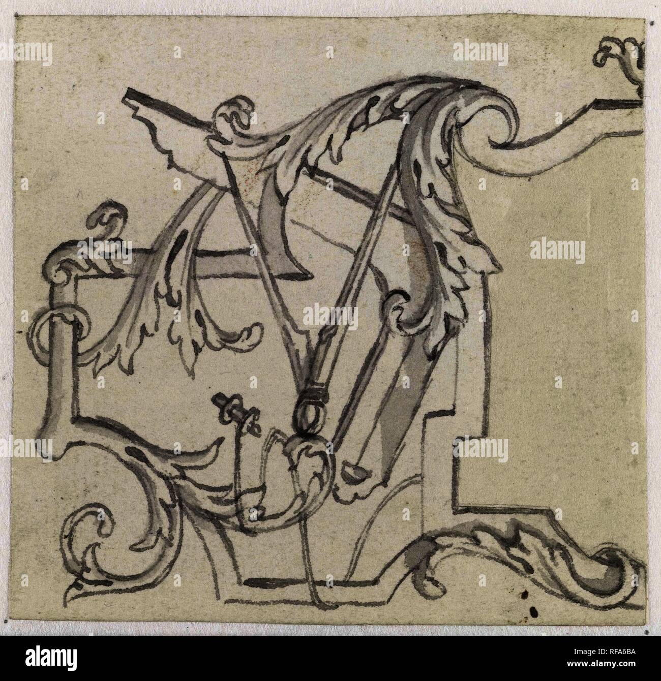 Ornement avec vrilles, une boussole et un carré. Rapporteur pour avis : Pieter Jansz.. Dating : 1630 - 1672. Dimensions : H 62 mm × w 65 mm. Musée : Rijksmuseum, Amsterdam. Banque D'Images