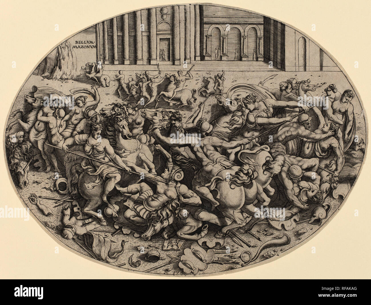 La bataille de l'Amazones [recto]. En date du : 1543. Technique : gravure. Musée : National Gallery of Art, Washington DC. Auteur : Enea Vico. Banque D'Images